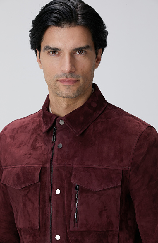 Bordo Çift Cep Detaylı Süet Deri Mont