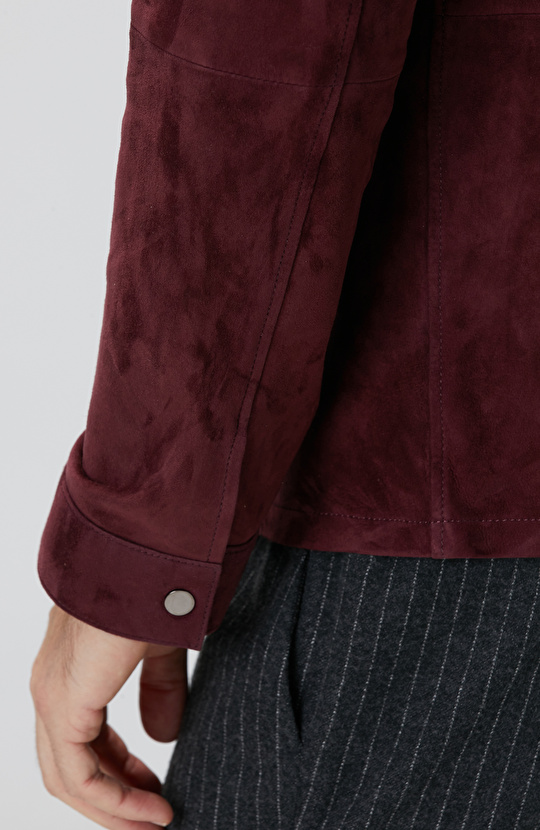 Bordo Çift Cep Detaylı Süet Deri Mont