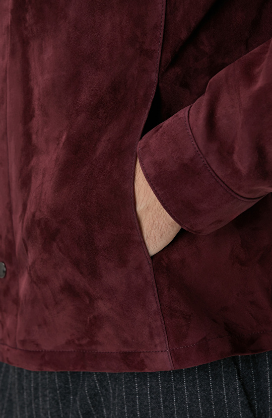 Bordo Çift Cep Detaylı Süet Deri Mont