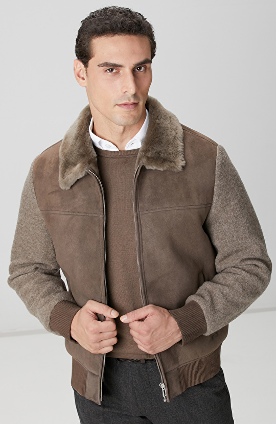 Vizon Yakası Kürklü Deri Mont