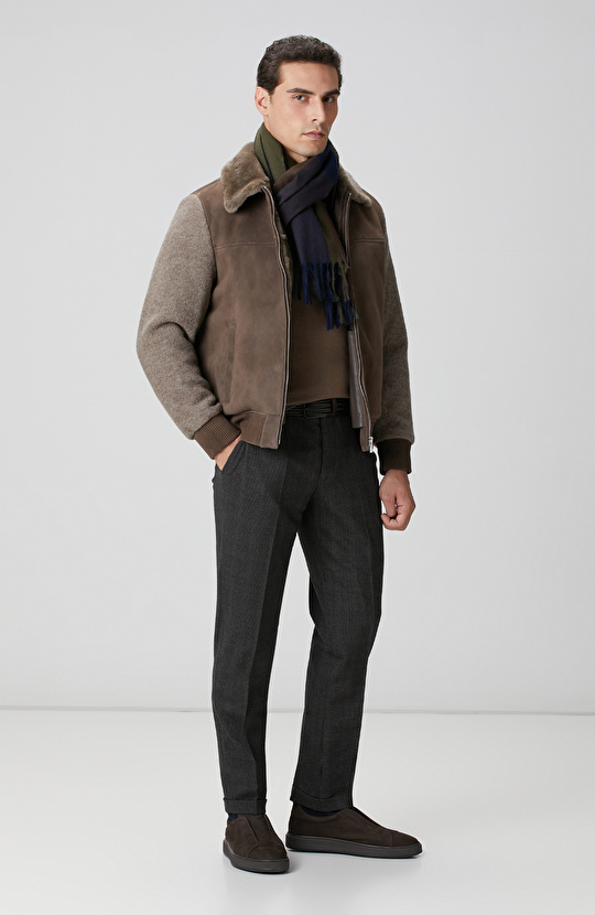 Vizon Yakası Kürklü Deri Mont