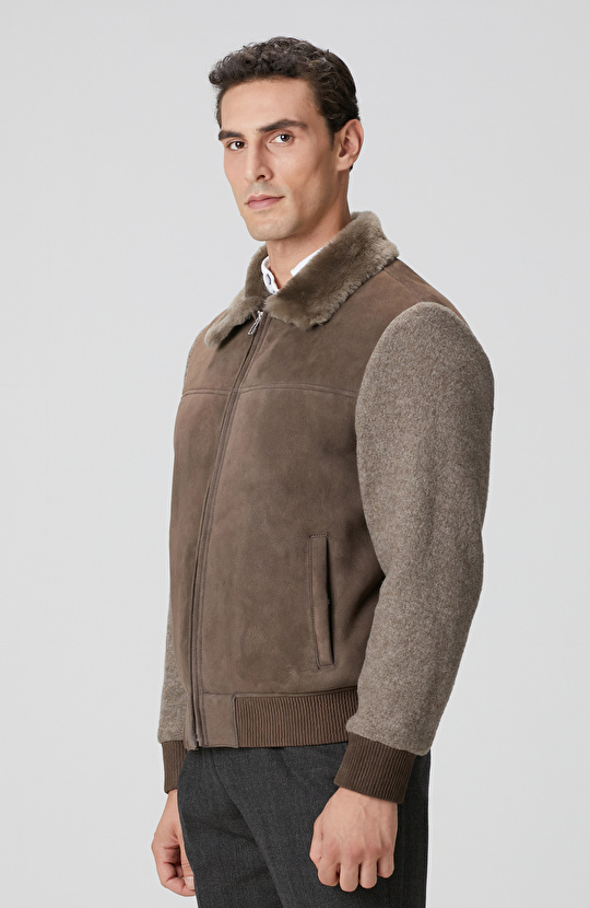 Vizon Yakası Kürklü Deri Mont