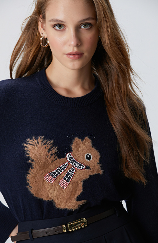 Lacivert Yün Karışımlı Kazak