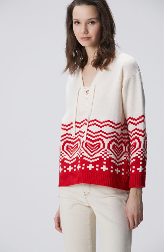 Kırık Beyaz Desenli Yün Karışımlı Triko Kazak