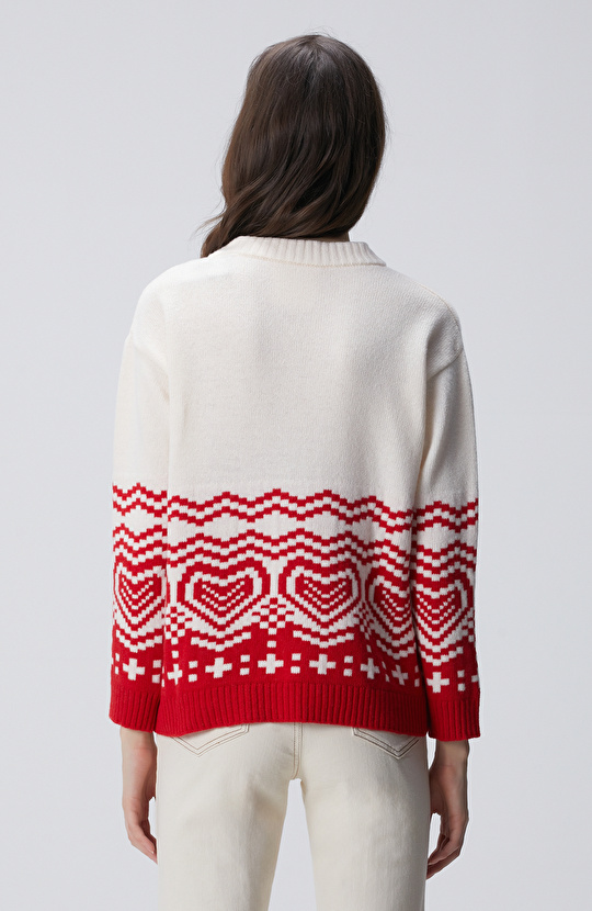 Kırık Beyaz Desenli Yün Karışımlı Triko Kazak