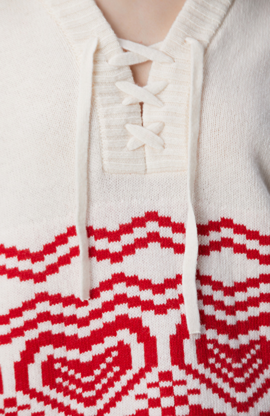 Kırık Beyaz Desenli Yün Karışımlı Triko Kazak