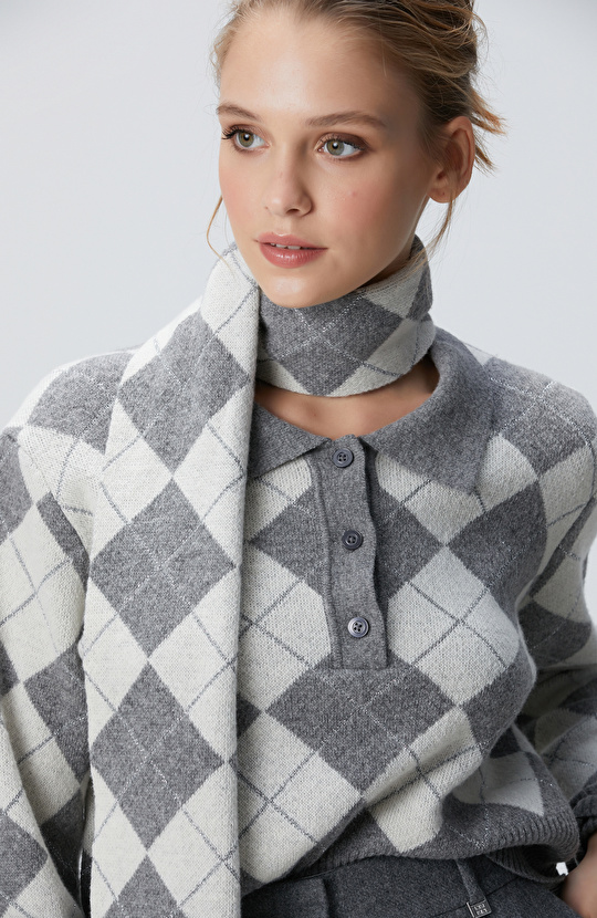 Gri Kadın Melanj Desenli Yün Karışımlı Kazak