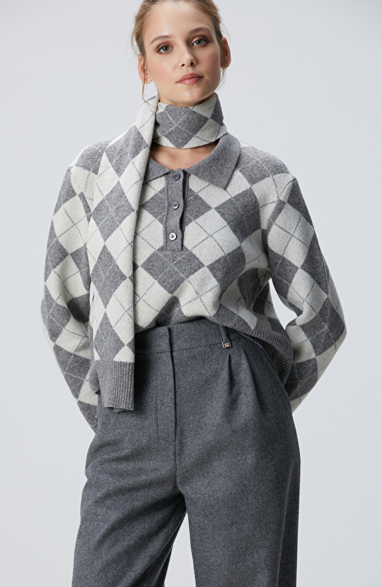 Gri Kadın Melanj Desenli Yün Karışımlı Kazak