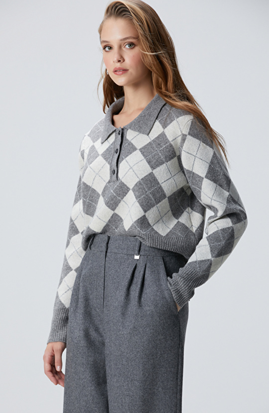 Gri Kadın Melanj Desenli Yün Karışımlı Kazak