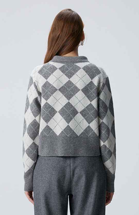 Gri Kadın Melanj Desenli Yün Karışımlı Kazak