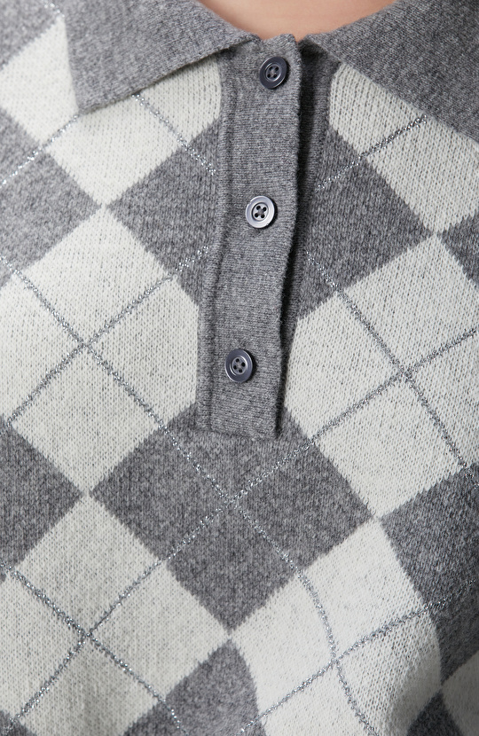 Gri Kadın Melanj Desenli Yün Karışımlı Kazak