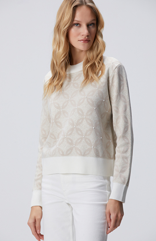 Kırık Beyaz Simli Triko Kazak