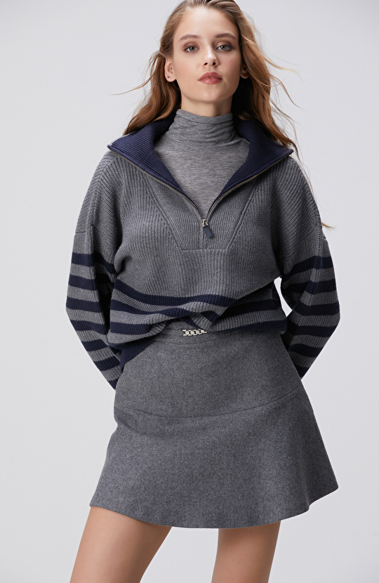 Gri Melanj Lacivert Çizgili Kazak Gri Melanj Lacivert Çizgili Kazak