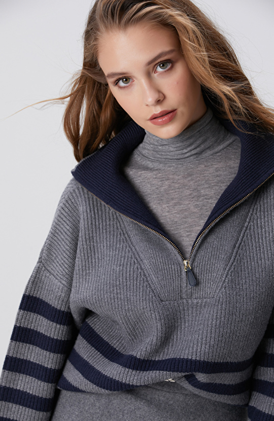 Gri Melanj Lacivert Çizgili Kazak