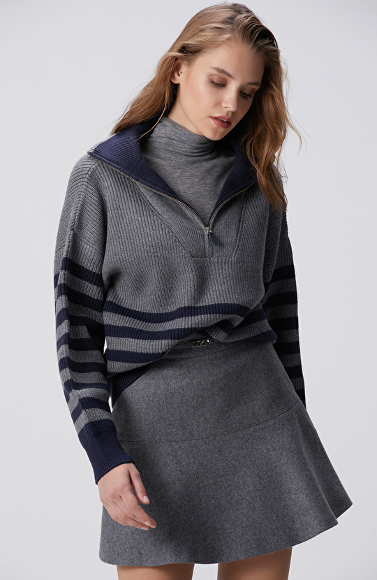 Gri Melanj Lacivert Çizgili Kazak