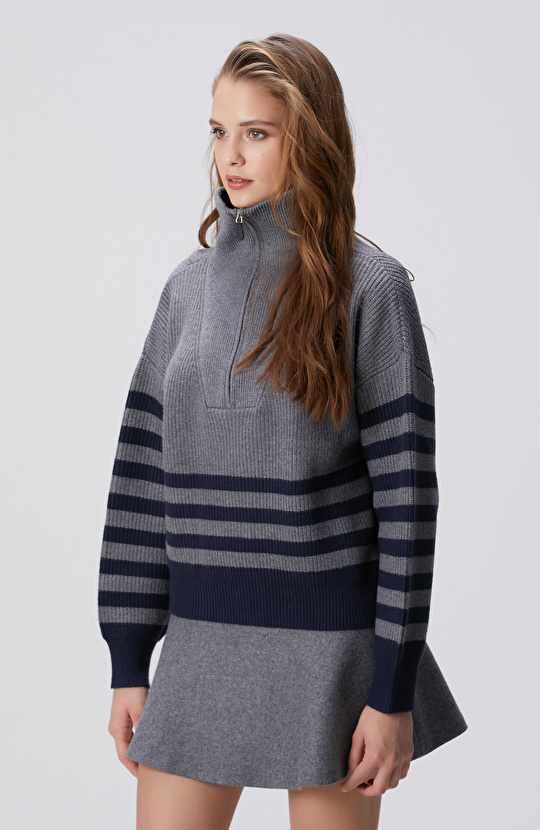 Gri Melanj Lacivert Çizgili Kazak