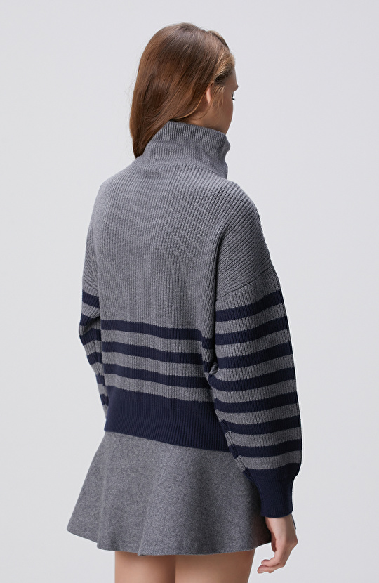 Gri Melanj Lacivert Çizgili Kazak