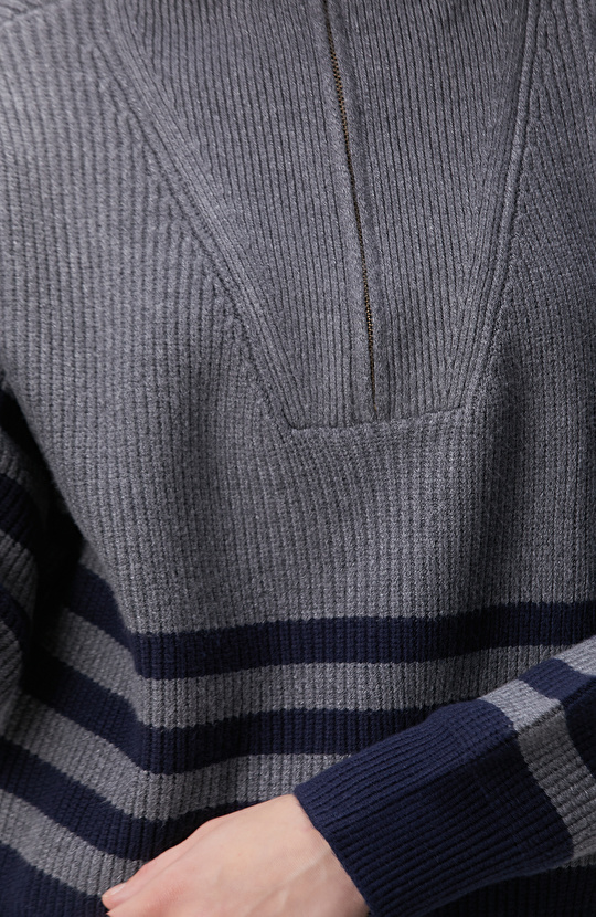 Gri Melanj Lacivert Çizgili Kazak