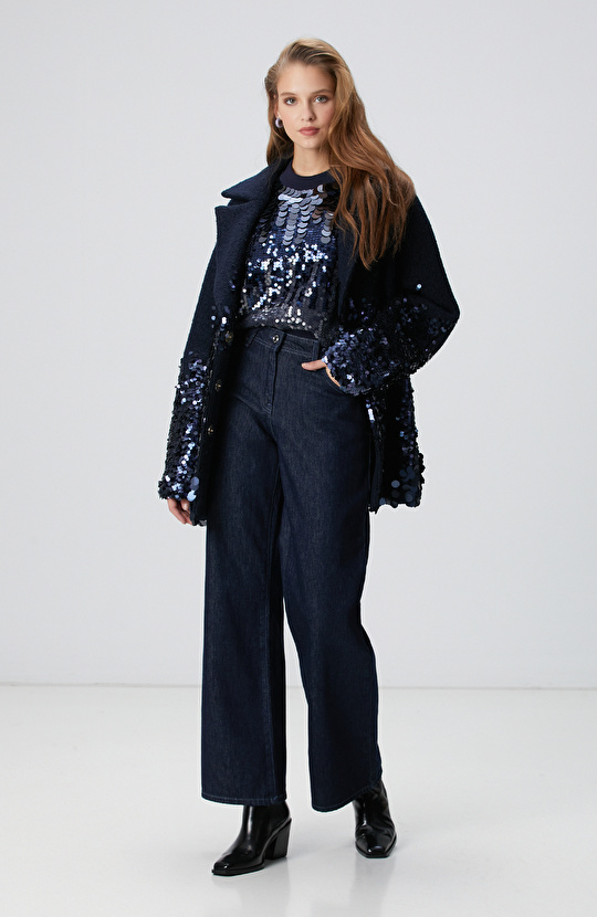 Lacivert Payetli Vatkalı Triko Kazak