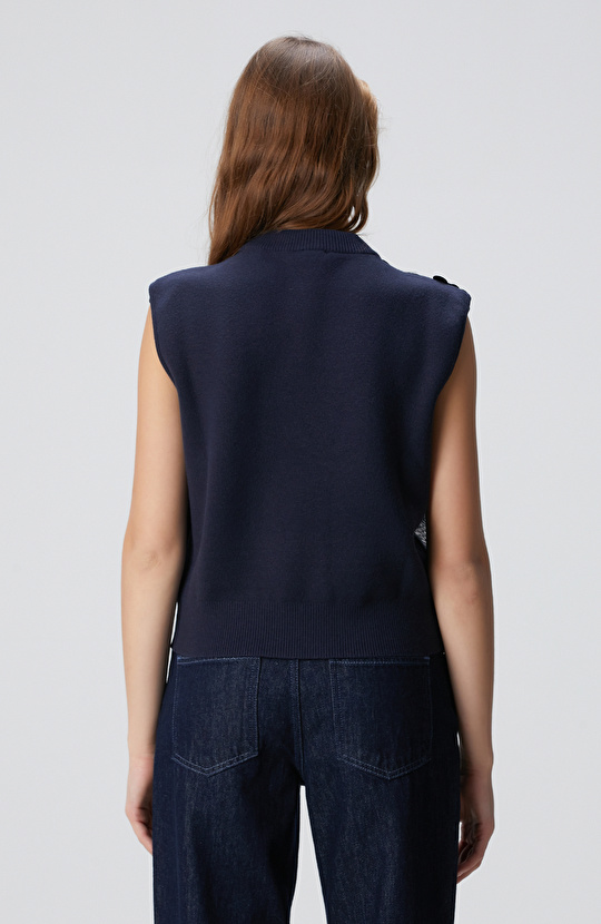 Lacivert Payetli Vatkalı Triko Kazak