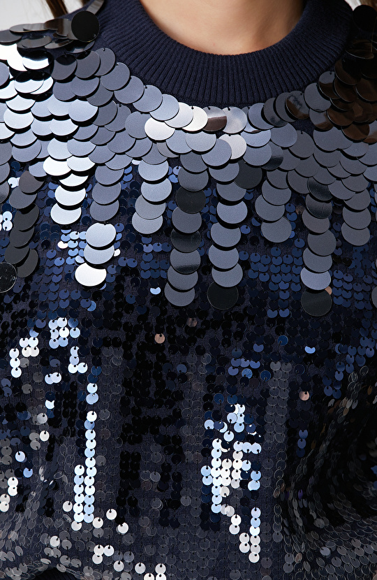 Lacivert Payetli Vatkalı Triko Kazak