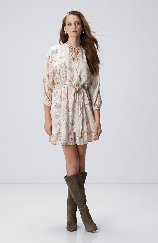 Açık Bej Desenli Mini Elbise