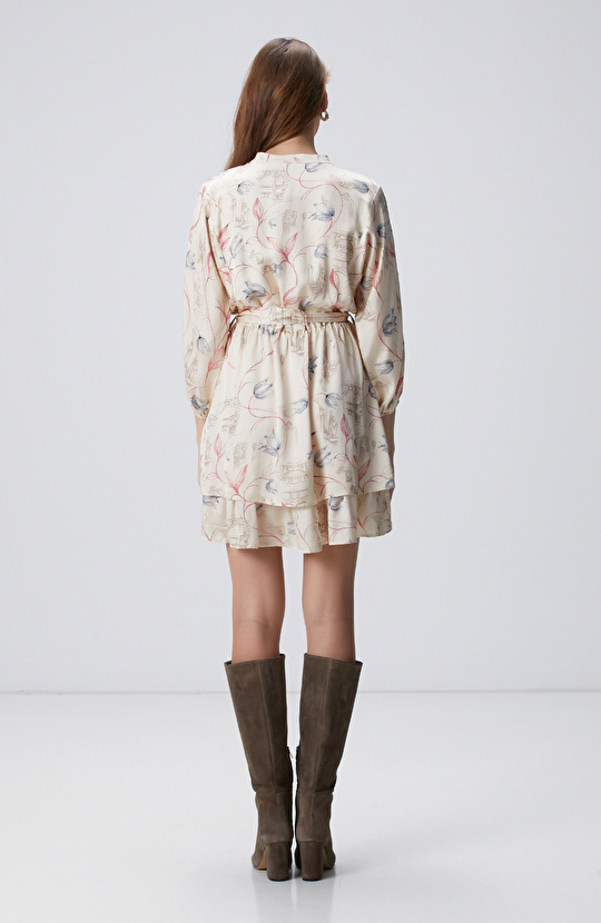 Açık Bej Desenli Mini Elbise