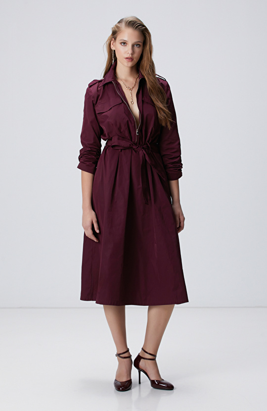 Vişne Midi Kuşaklı Elbise