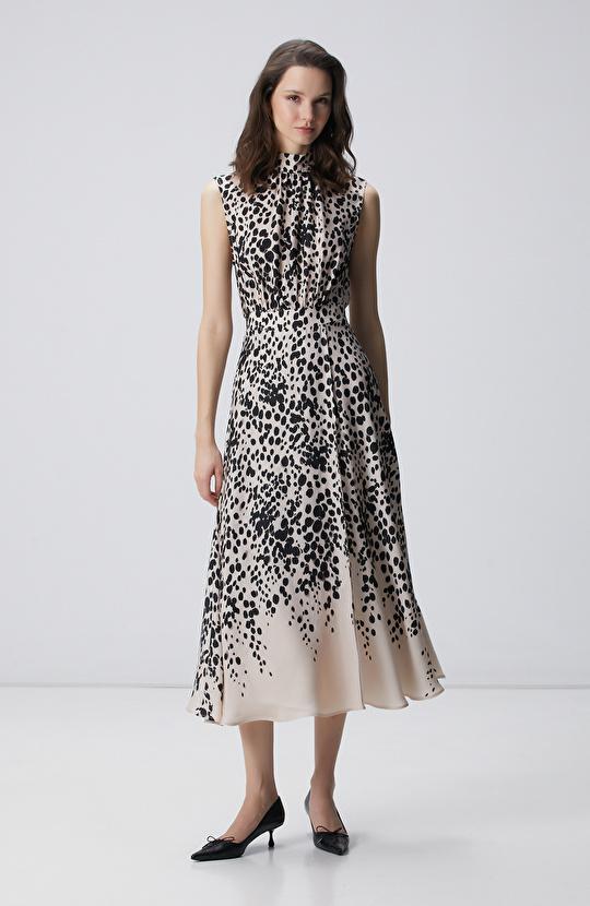 Bej Siyah Desenli Midi Viskon Elbise