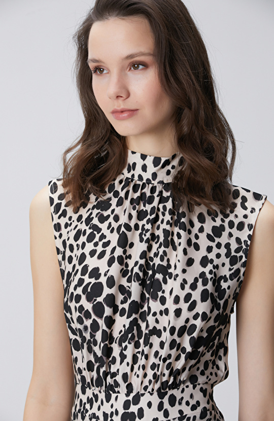 Bej Siyah Desenli Midi Viskon Elbise