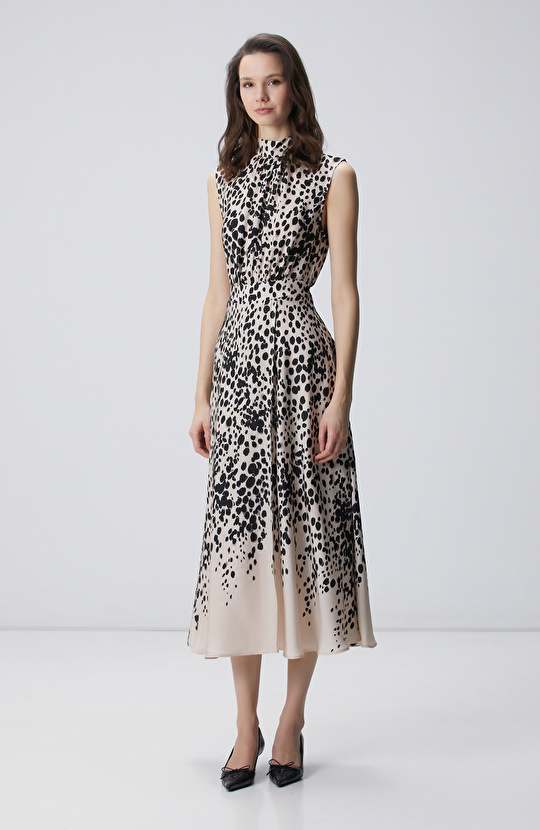Bej Siyah Desenli Midi Viskon Elbise