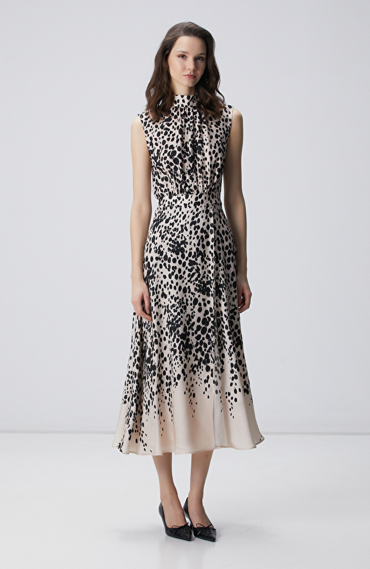 Bej Siyah Desenli Midi Viskon Elbise