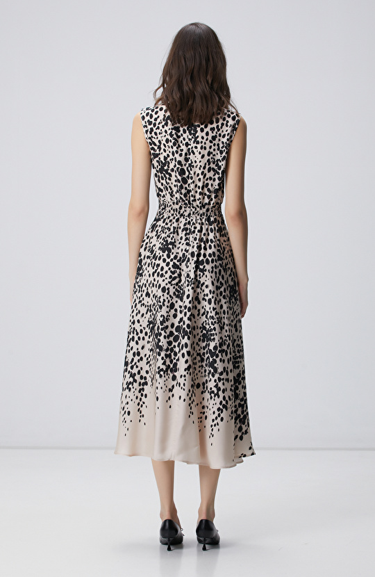 Bej Siyah Desenli Midi Viskon Elbise