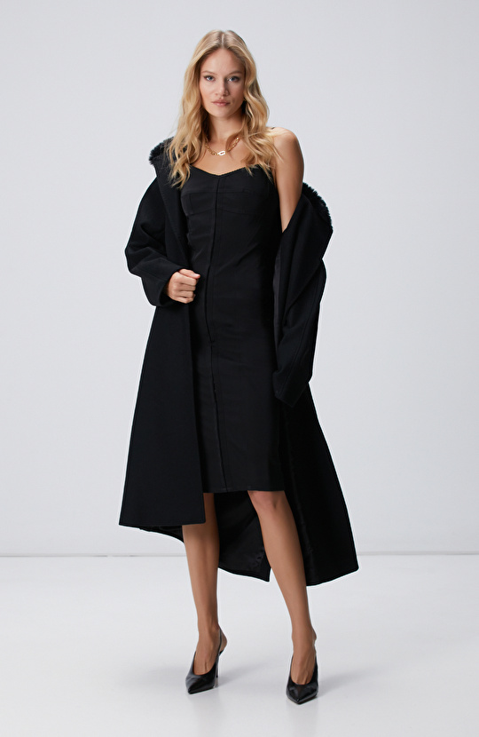 Siyah Askılı Midi Korse Elbise