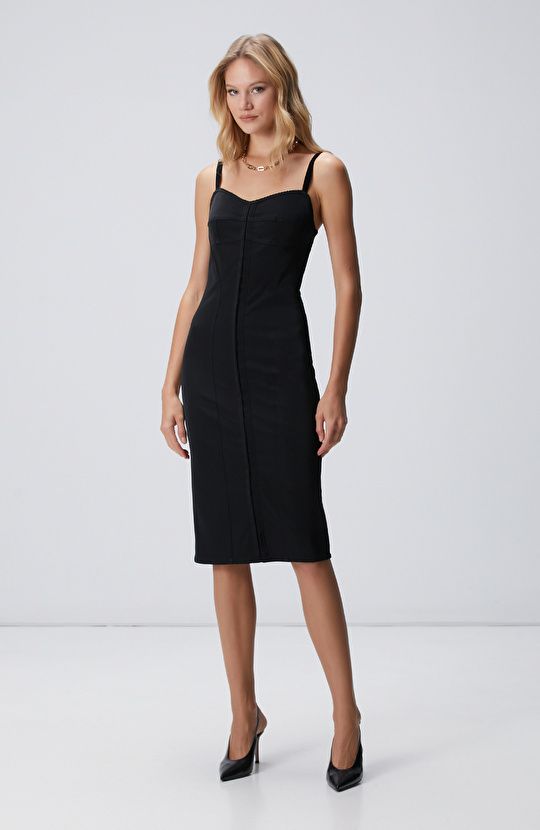 Siyah Askılı Midi Korse Elbise