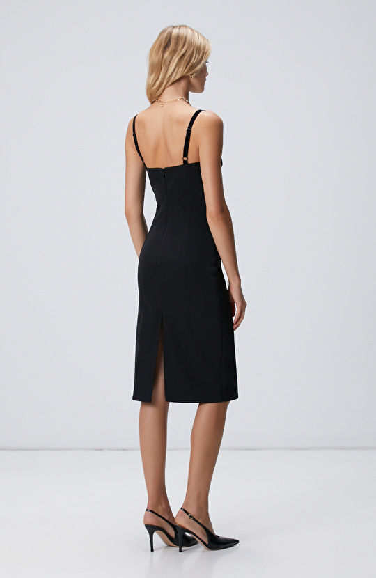 Siyah Askılı Midi Korse Elbise