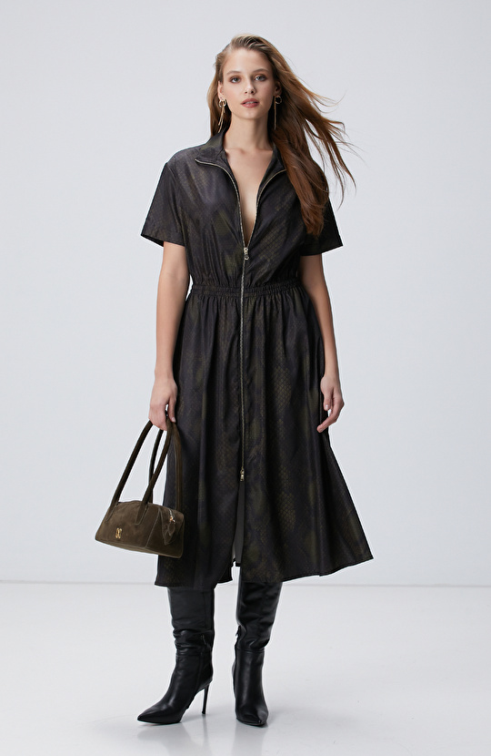 Yılan Derisi Desenli Haki Midi Elbise