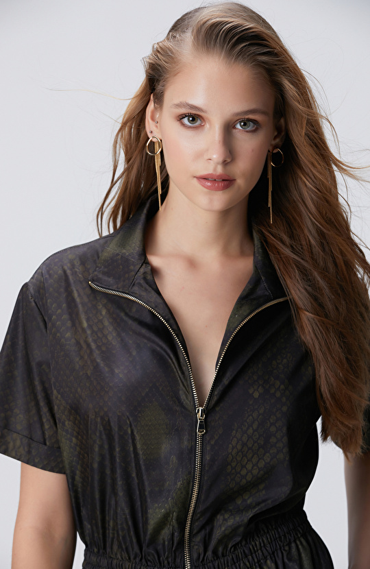 Yılan Derisi Desenli Haki Midi Elbise