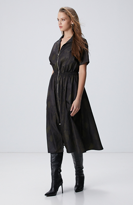 Yılan Derisi Desenli Haki Midi Elbise