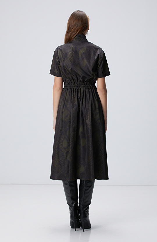 Yılan Derisi Desenli Haki Midi Elbise
