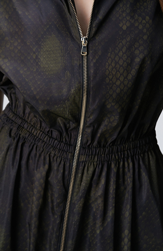 Yılan Derisi Desenli Haki Midi Elbise