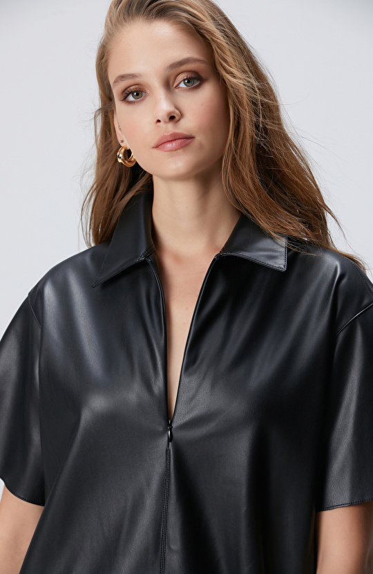 Siyah Mini Vegan Deri Elbise