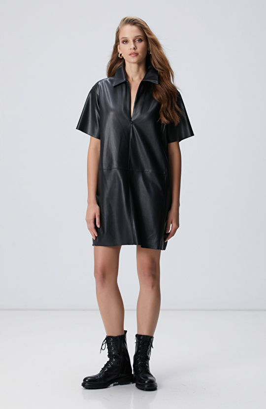 Siyah Mini Vegan Deri Elbise
