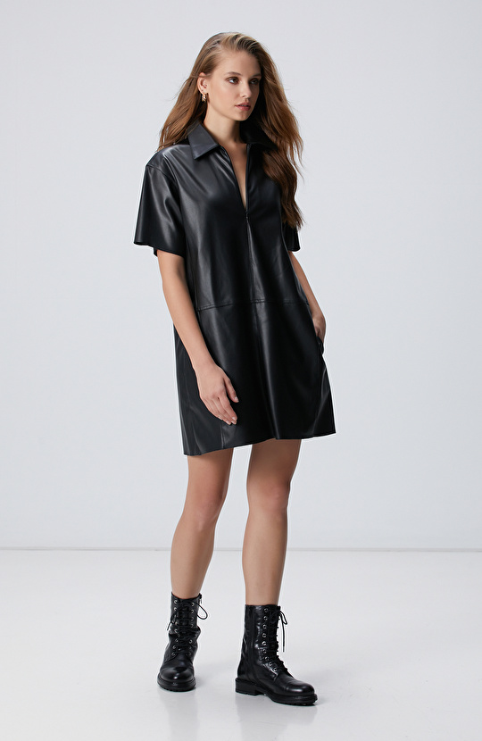 Siyah Mini Vegan Deri Elbise