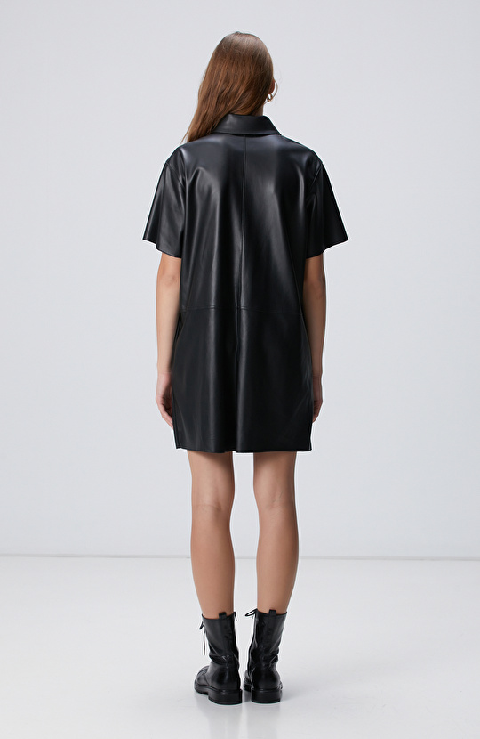 Siyah Mini Vegan Deri Elbise