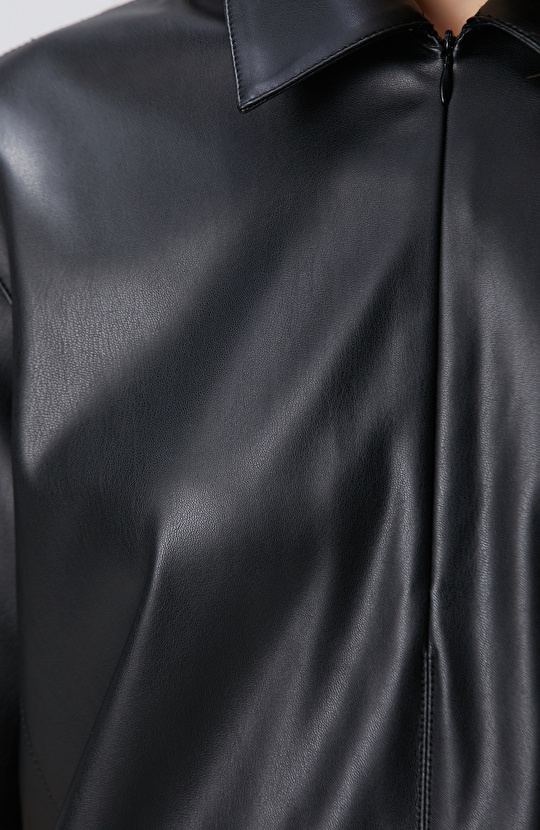 Siyah Mini Vegan Deri Elbise