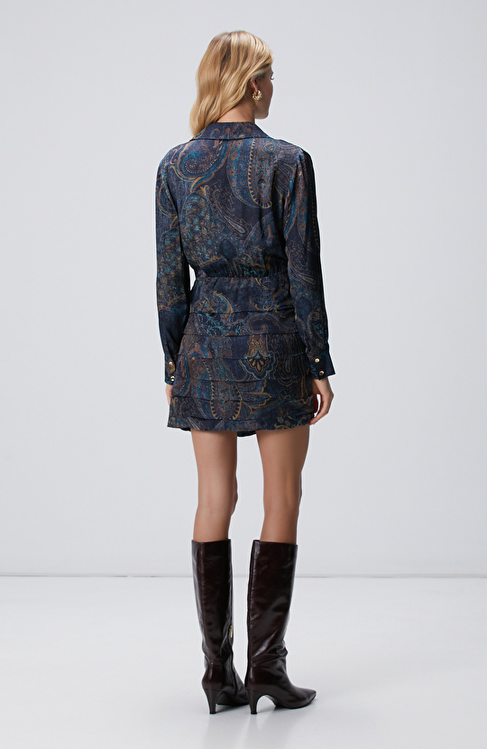 Petrol Desenli Mini Viskon Elbise