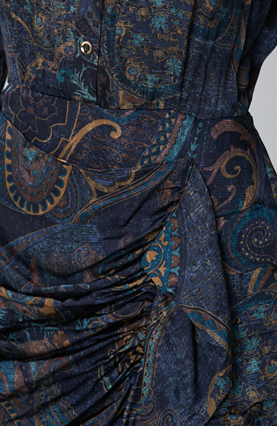 Petrol Desenli Mini Viskon Elbise