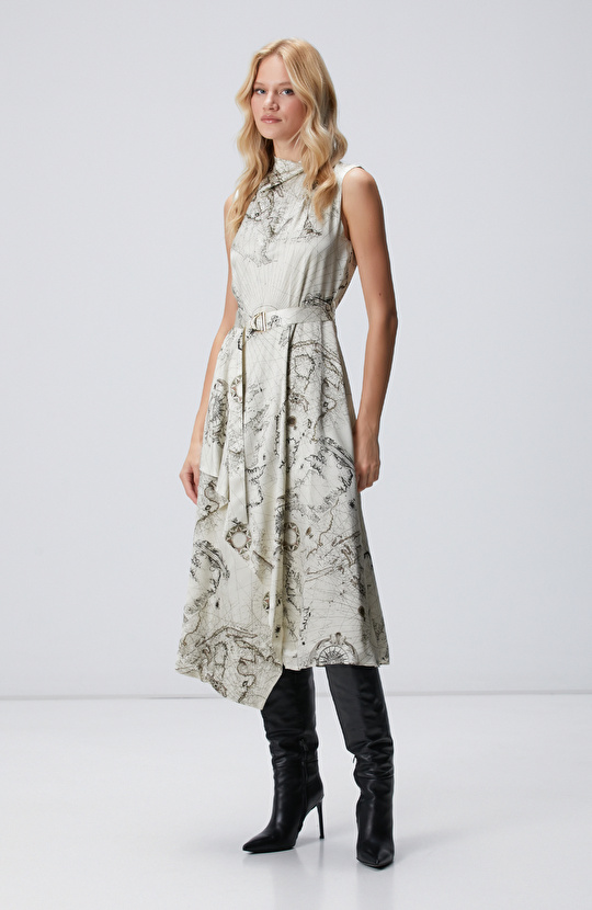 Limited Açık Bej Desenli İpek Karışımlı Elbise