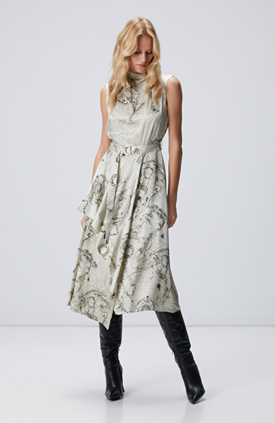 Limited Açık Bej Desenli İpek Karışımlı Elbise